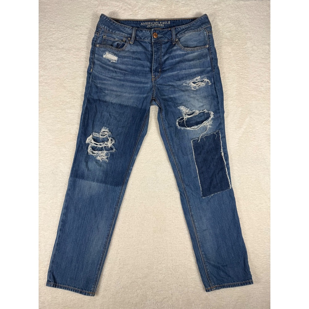 American Eagle Distressed Boyfriend Jeans Womens‎ 10 Blue Good Patchwork Denim